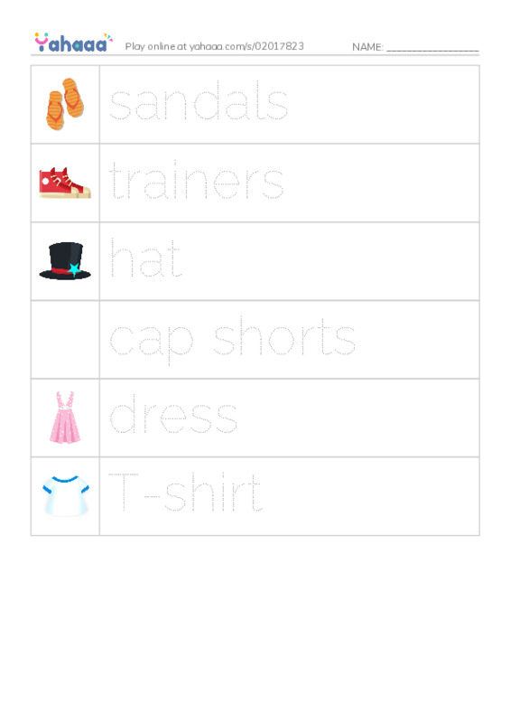 Picture and word rows worksheet for Clothes