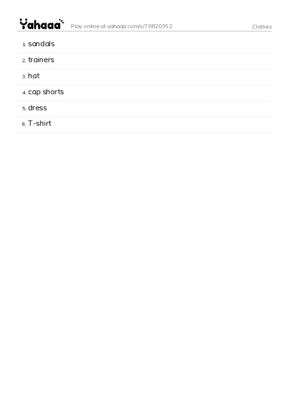 Word list with meanings worksheet for Clothes