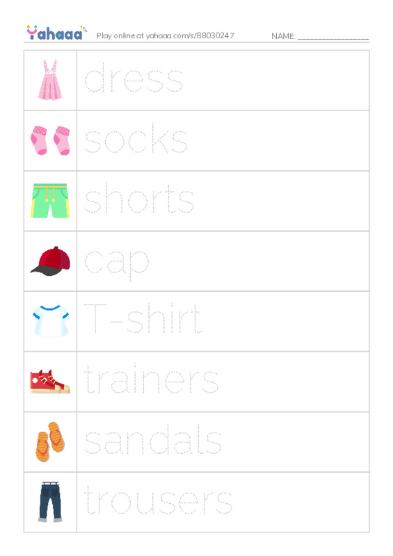 Picture and word rows worksheet for Clothes