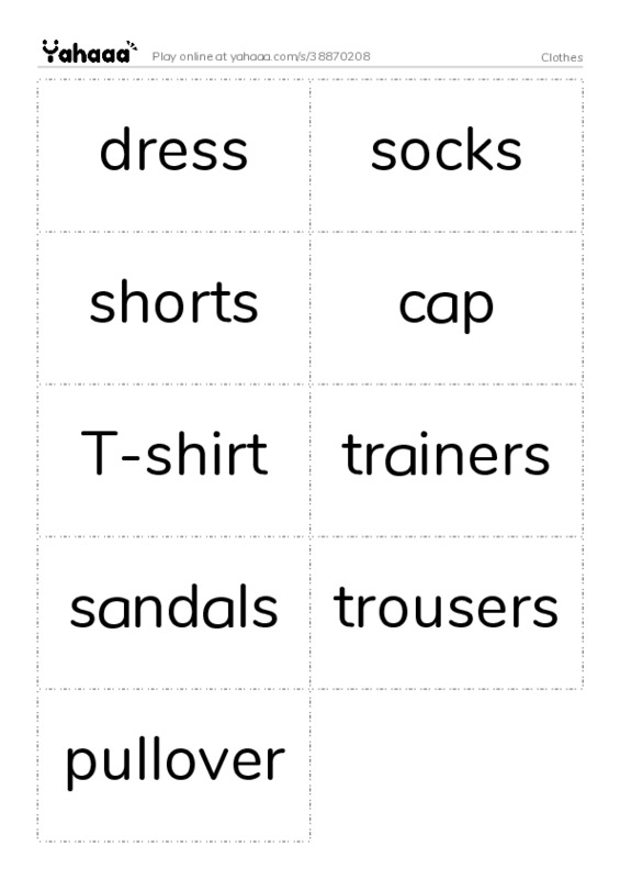 Word flashcards worksheet for Clothes