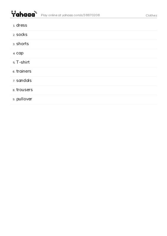 Word list with meanings worksheet for Clothes