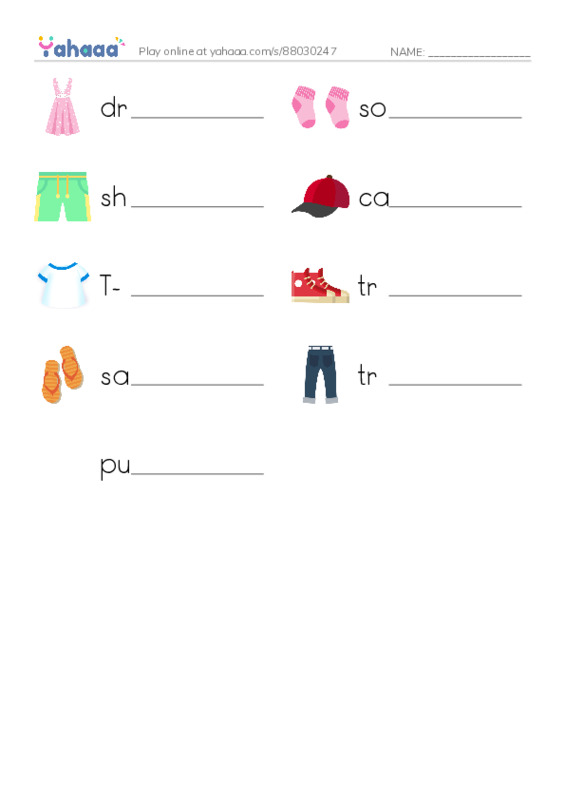Write the word rows worksheet for Clothes