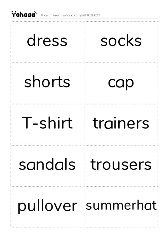 Word flashcards worksheet for clothes 2