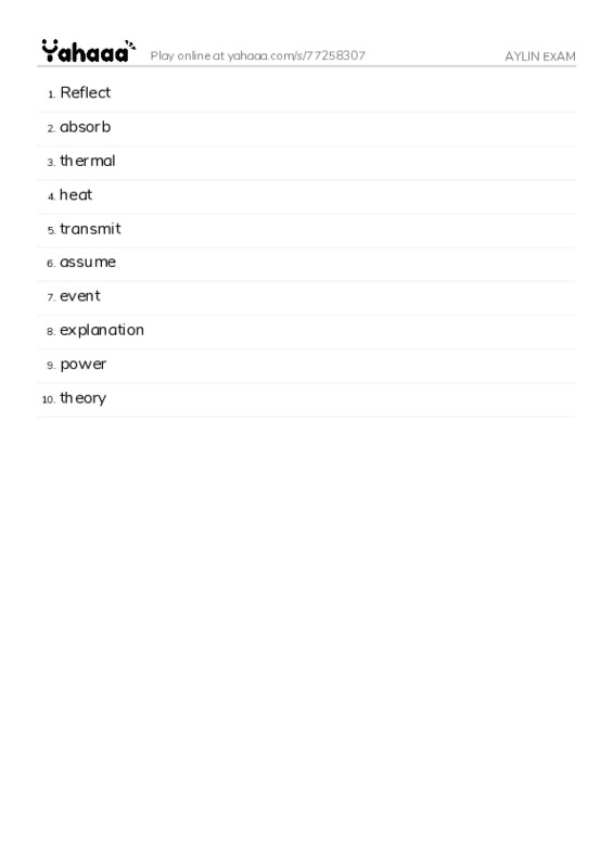 Word list with meanings worksheet for AYLIN EXAM