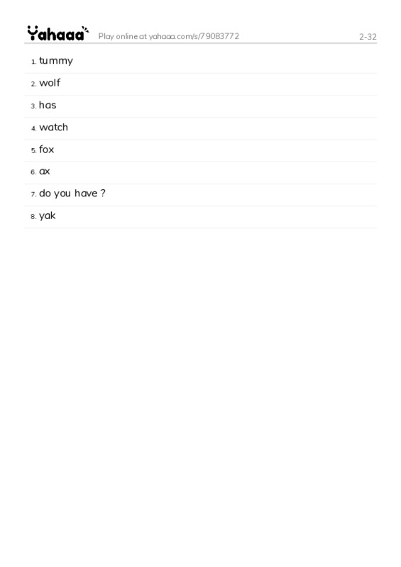Word list with meanings worksheet for 2-32