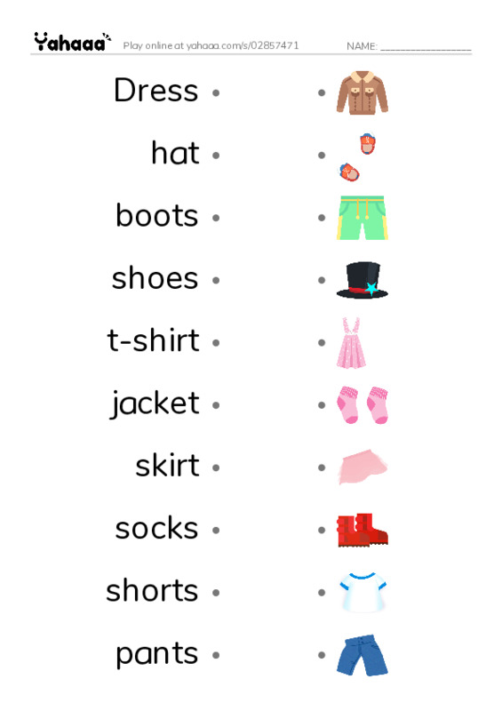 Draw a line to match worksheet for Clothes