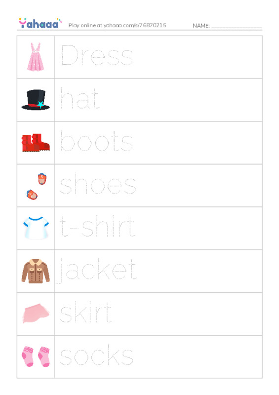 Picture and word rows worksheet for Clothes