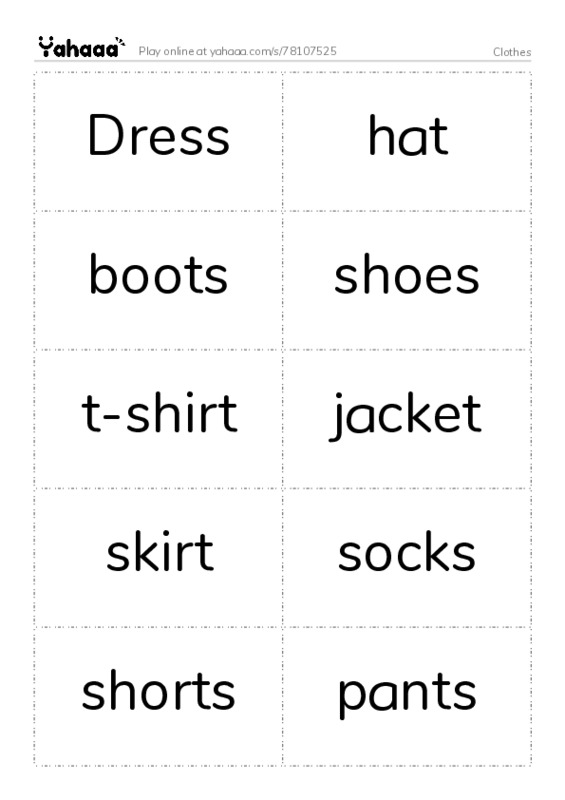 Word flashcards worksheet for Clothes