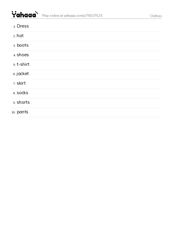 Word list with meanings worksheet for Clothes