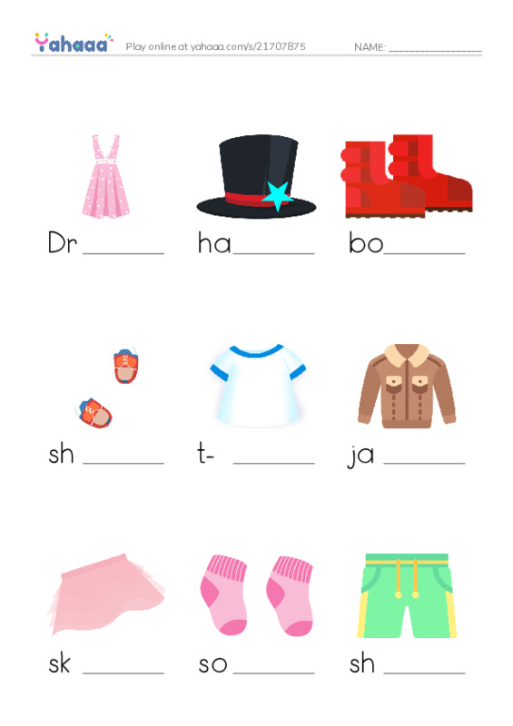 Finish the word worksheet for Clothes
