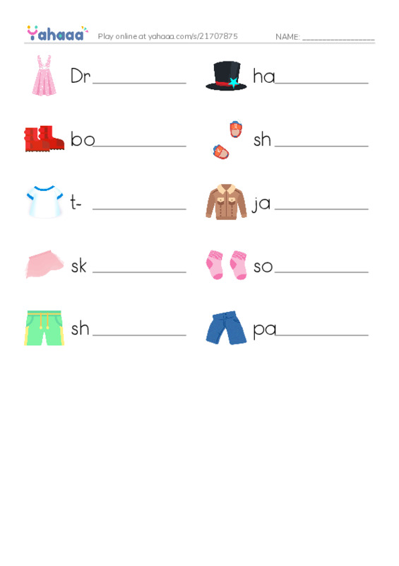 Write the word rows worksheet for Clothes