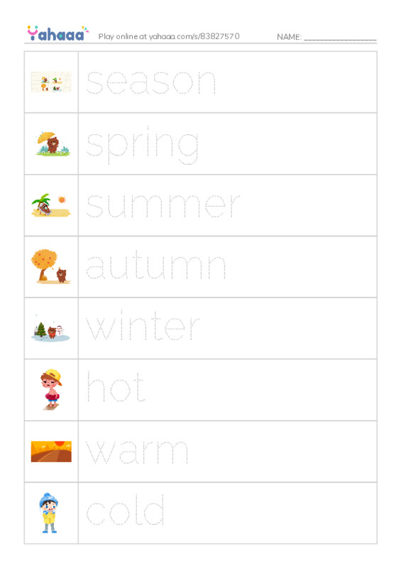 Picture and word rows worksheet for season