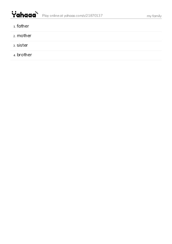 Word list with meanings worksheet for my family