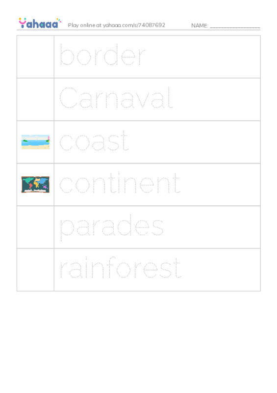 Picture and word rows worksheet for Brazil raz