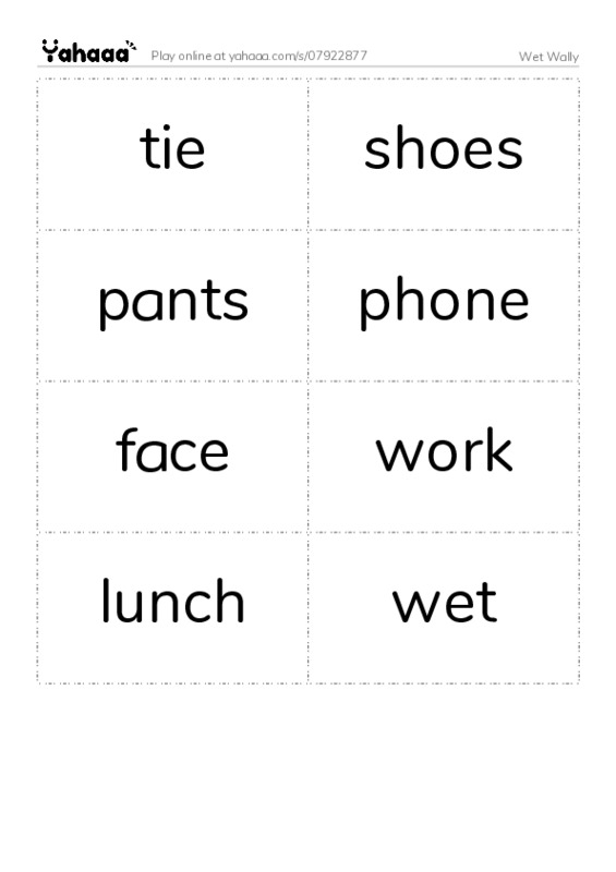 Word flashcards worksheet for Wet Wally