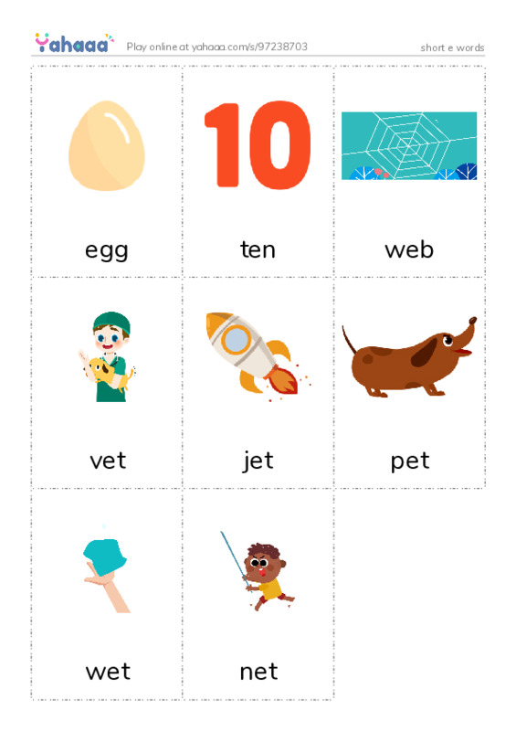 Picture flashcards worksheet for short e words