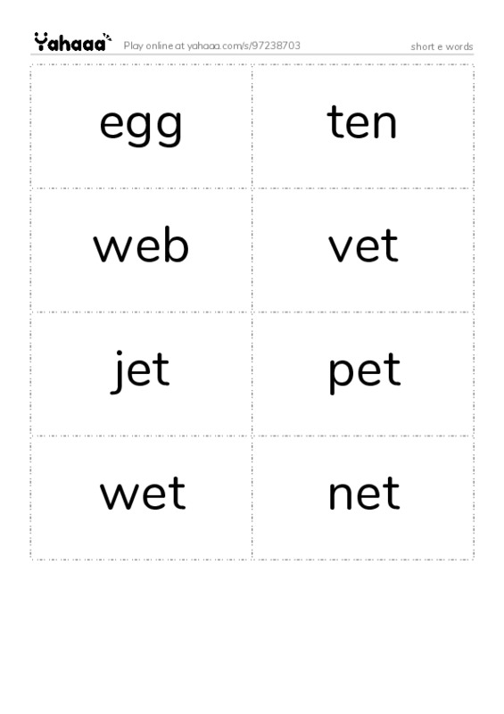 Word flashcards worksheet for short e words