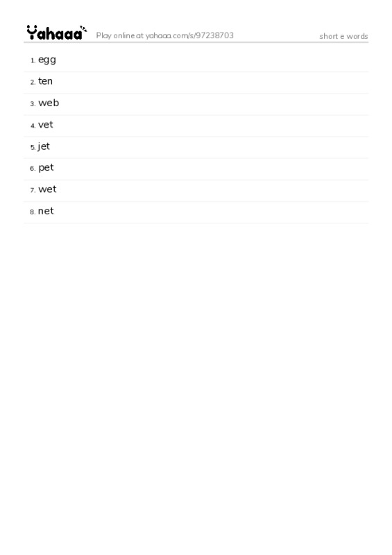 Word list with meanings worksheet for short e words
