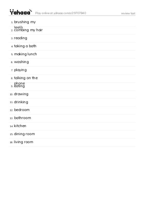 Word list with meanings worksheet for review last