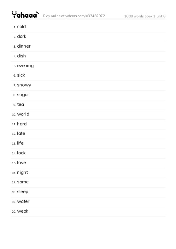 Word list with meanings worksheet for 1000 words book 1 unit 6
