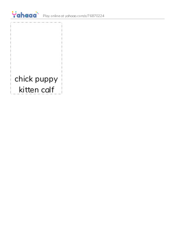 Picture flashcards worksheet for chicks puppy kitten calf