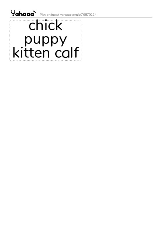 Word flashcards worksheet for chicks puppy kitten calf