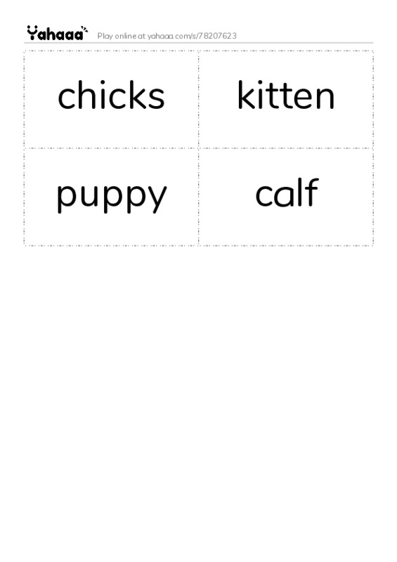 Word flashcards worksheet for chick, kitten, puppy and 1 more