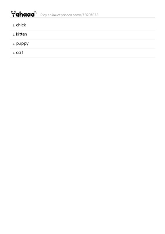 Word list with meanings worksheet for chick, kitten, puppy and 1 more