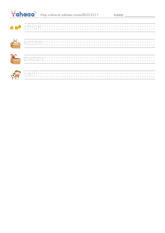 Handwriting lines worksheet for chick, kitten, puppy and 1 more
