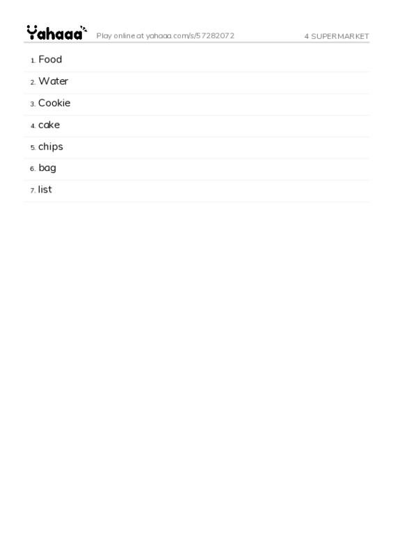 Word list with meanings worksheet for 4 SUPERMARKET