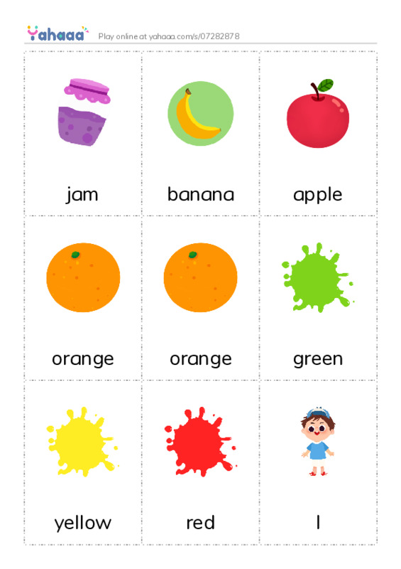 Picture flashcards worksheet for jam, banana, apple and 7 more