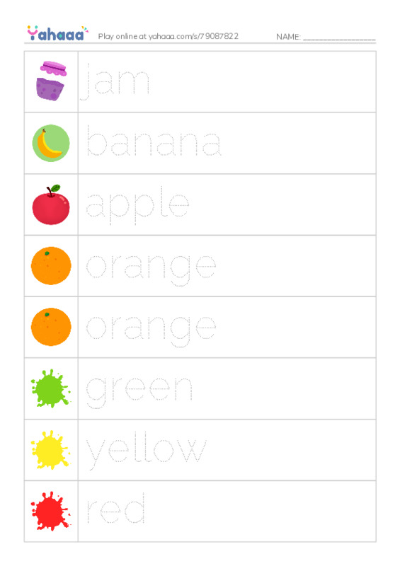 Picture and word rows worksheet for jam, banana, apple and 7 more