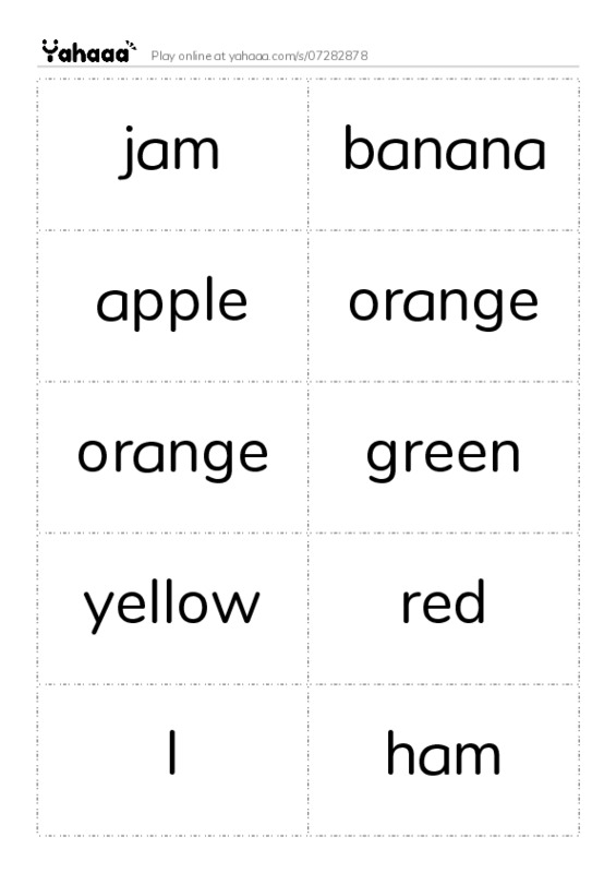 Word flashcards worksheet for jam, banana, apple and 7 more