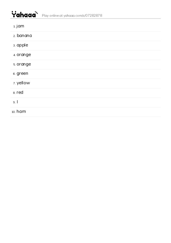 Word list with meanings worksheet for jam, banana, apple and 7 more