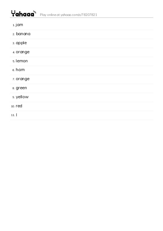 Word list with meanings worksheet for jam, banana, apple and 8 more