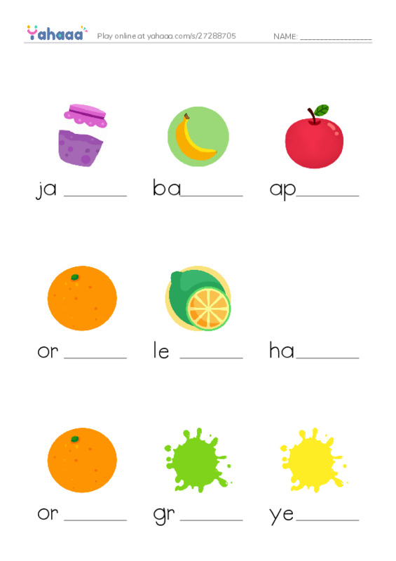 Finish the word worksheet for jam, banana, apple and 8 more