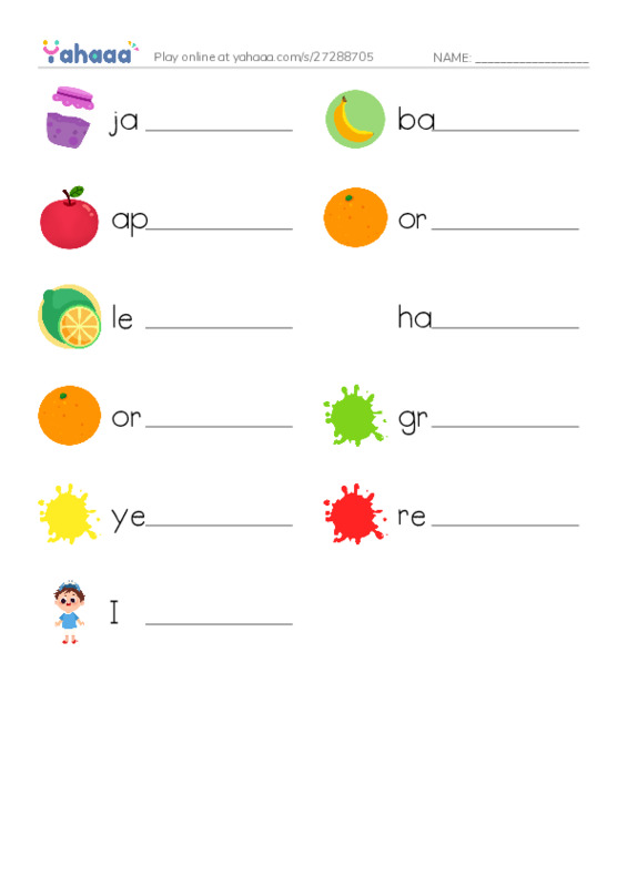 Write the word rows worksheet for jam, banana, apple and 8 more