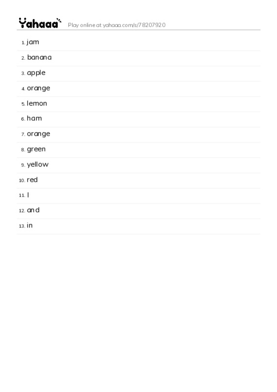 Word list with meanings worksheet for jam, banana, apple and 10 more