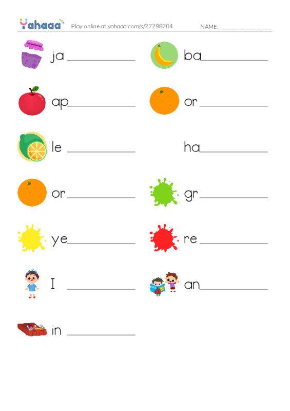 Write the word rows worksheet for jam, banana, apple and 10 more