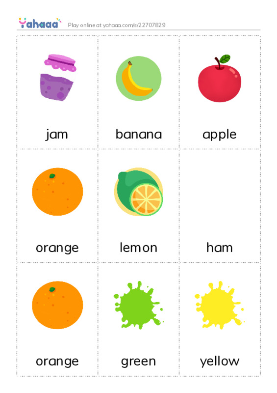 Picture flashcards worksheet for jam, banana, apple and 15 more