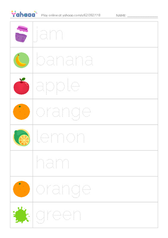 Picture and word rows worksheet for jam, banana, apple and 15 more