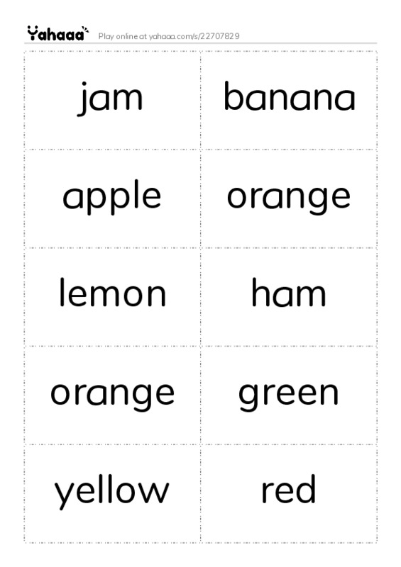 Word flashcards worksheet for jam, banana, apple and 15 more