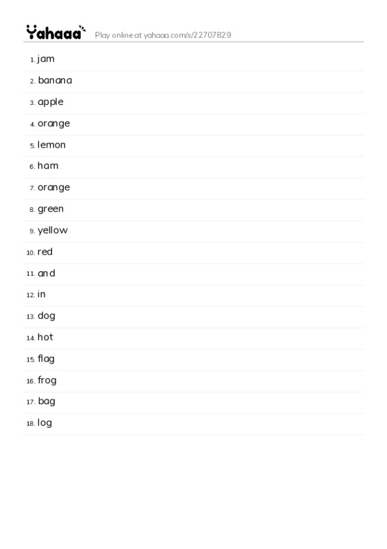 Word list with meanings worksheet for jam, banana, apple and 15 more