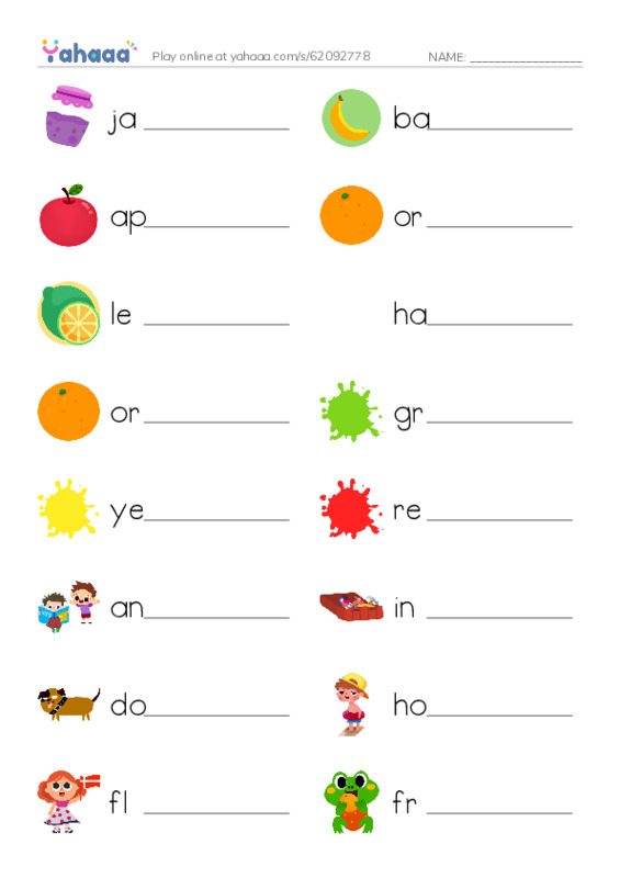 Write the word rows worksheet for jam, banana, apple and 15 more