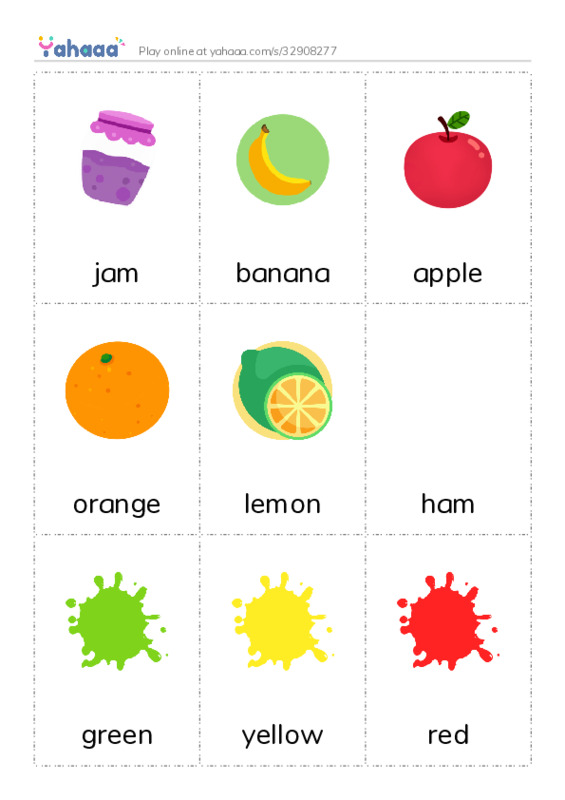 Picture flashcards worksheet for jam, banana, apple and 15 more