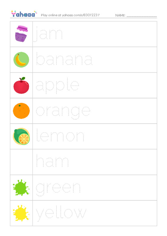 Picture and word rows worksheet for jam, banana, apple and 15 more
