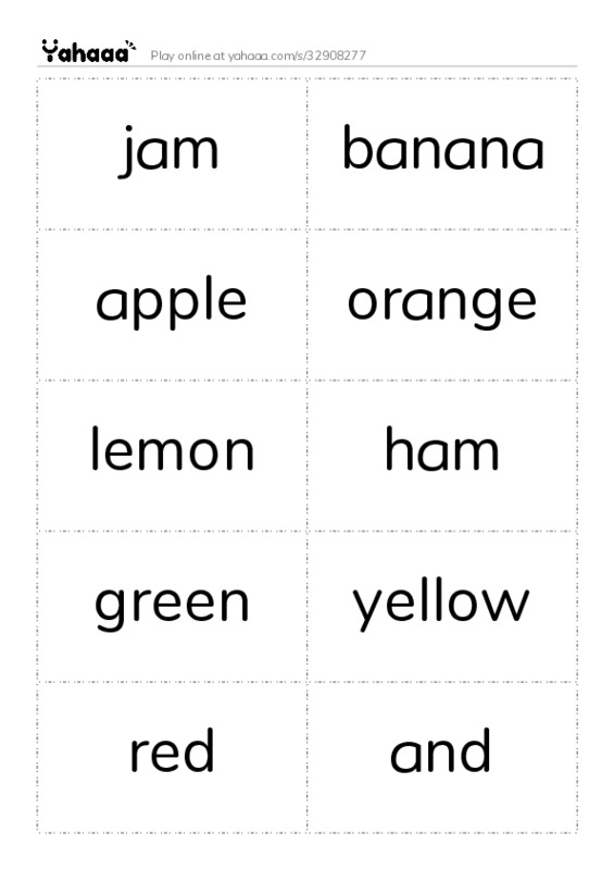 Word flashcards worksheet for jam, banana, apple and 15 more