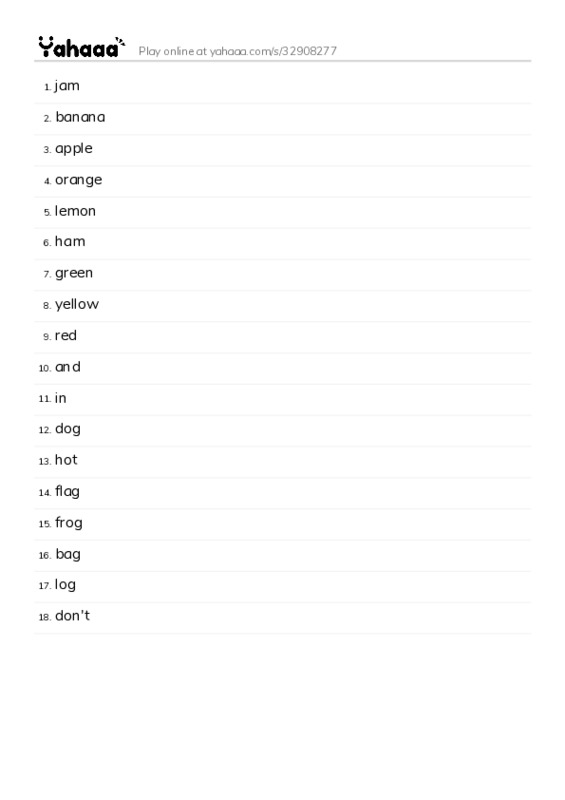 Word list with meanings worksheet for jam, banana, apple and 15 more