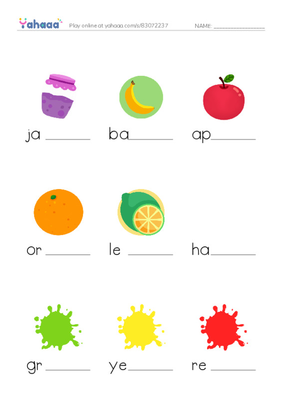 Finish the word worksheet for jam, banana, apple and 15 more