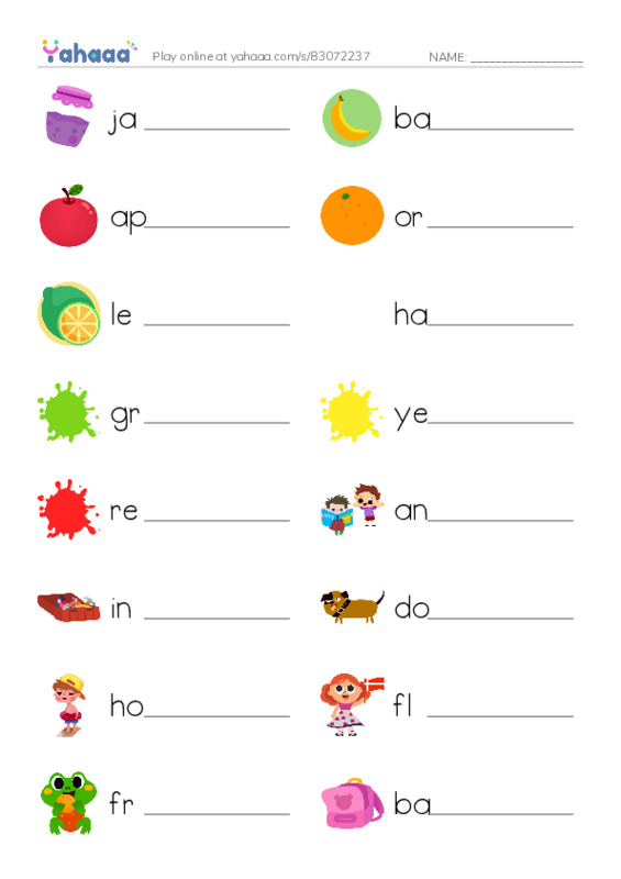 Write the word rows worksheet for jam, banana, apple and 15 more